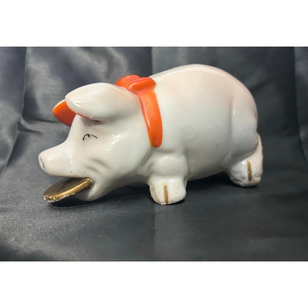 Vintage 1940s Japanese Porcelain Smashing Piggy Bank Coin in Mouth Hand Painted